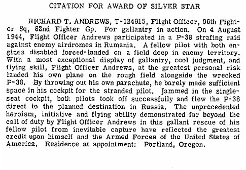 Richard T Andrews - Citation for Award of Silver Star