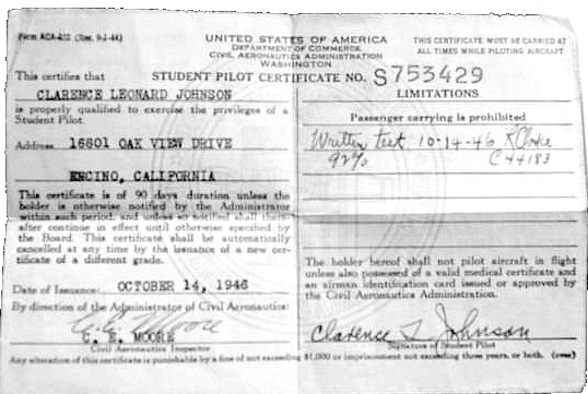 Kelly Johnson's student pilot's license
